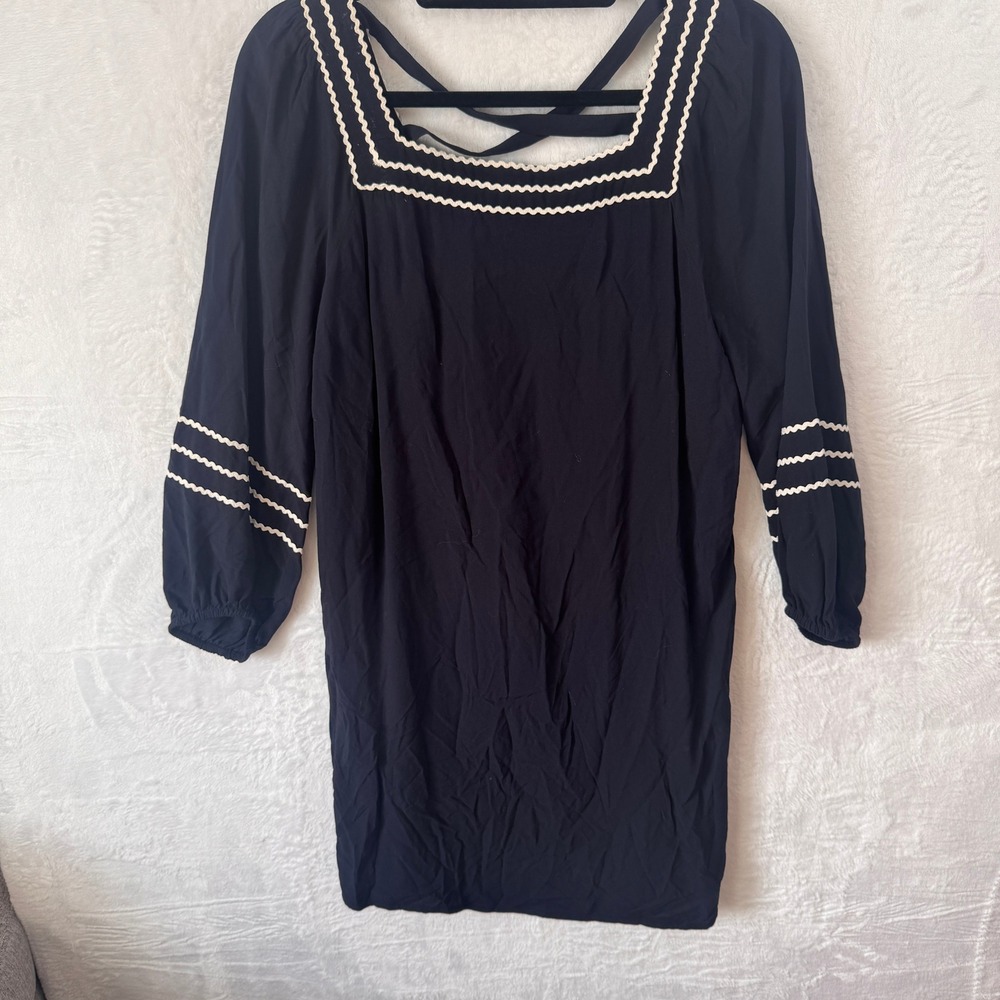 LOFT Navy‎ Blue Ric Rac Trim Square Neck Mini Shift Dress Small Long Sleeve